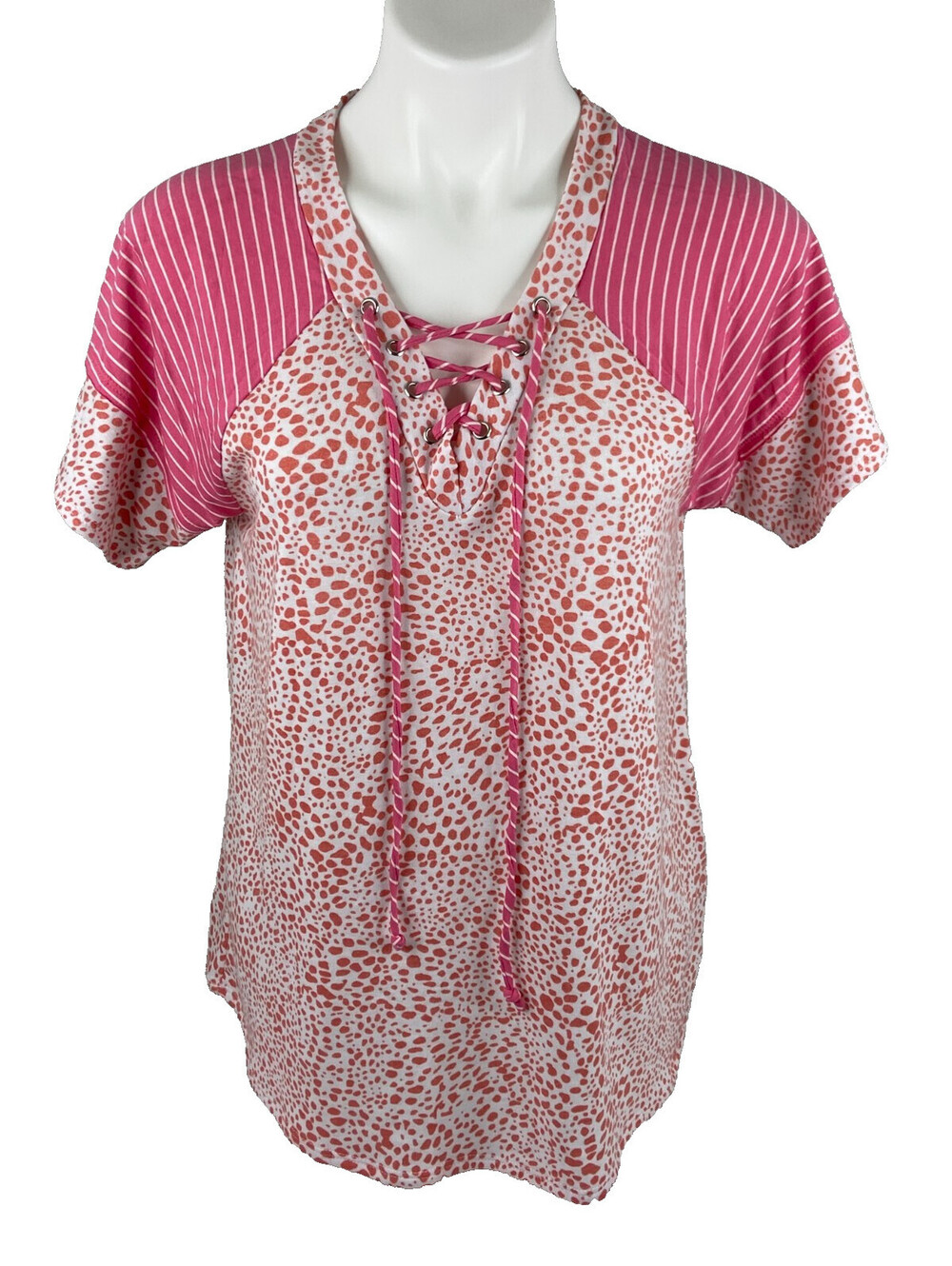143 Story Line Up Women Small Tunic Top Coral Pink Leopard Print Tie Neck NWT